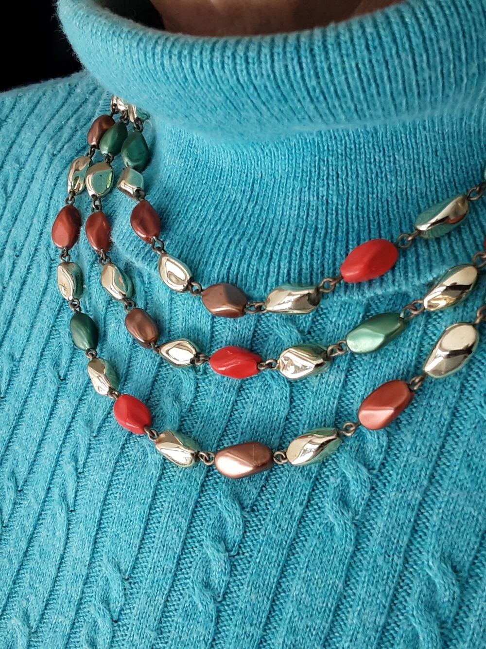 Three Strand Multicolor Metalic Bead Link Necklace - Red, Green, Copper & Gold